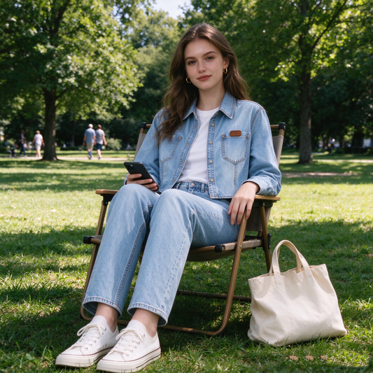 Light Wash Denim Cropped Shirt Jacket with Leather Patch