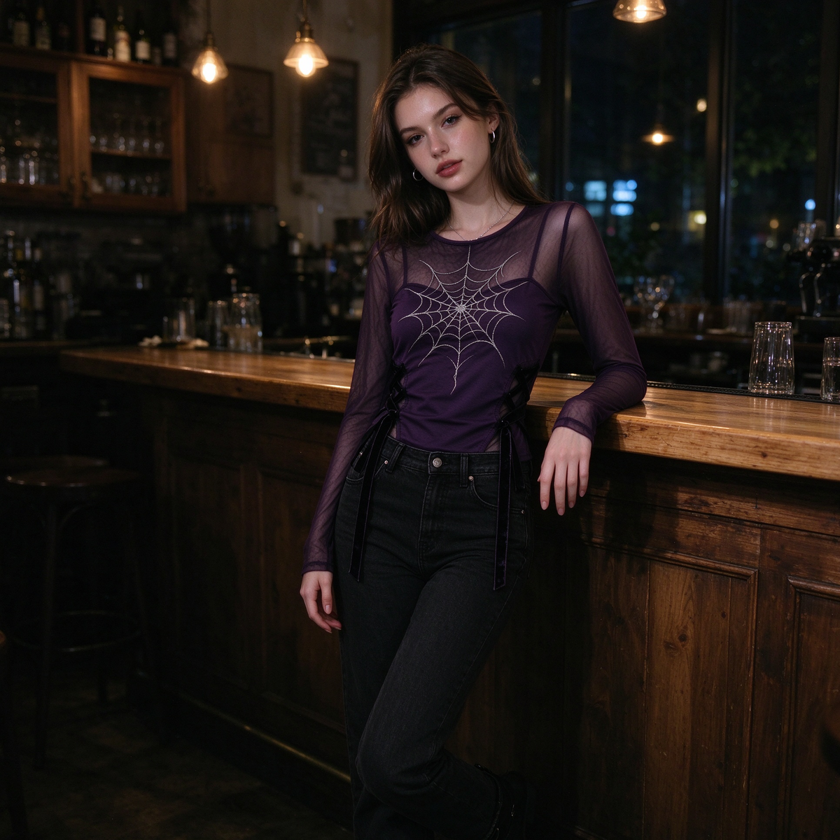 Purple Mesh Silver Spiderweb Velvet Lace-Up Long Sleeve Top