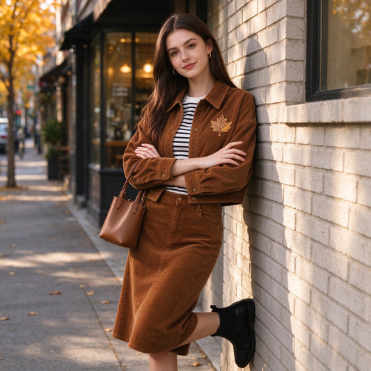 Caramel Corduroy Maple Leaf Embroidered Cropped Jacket