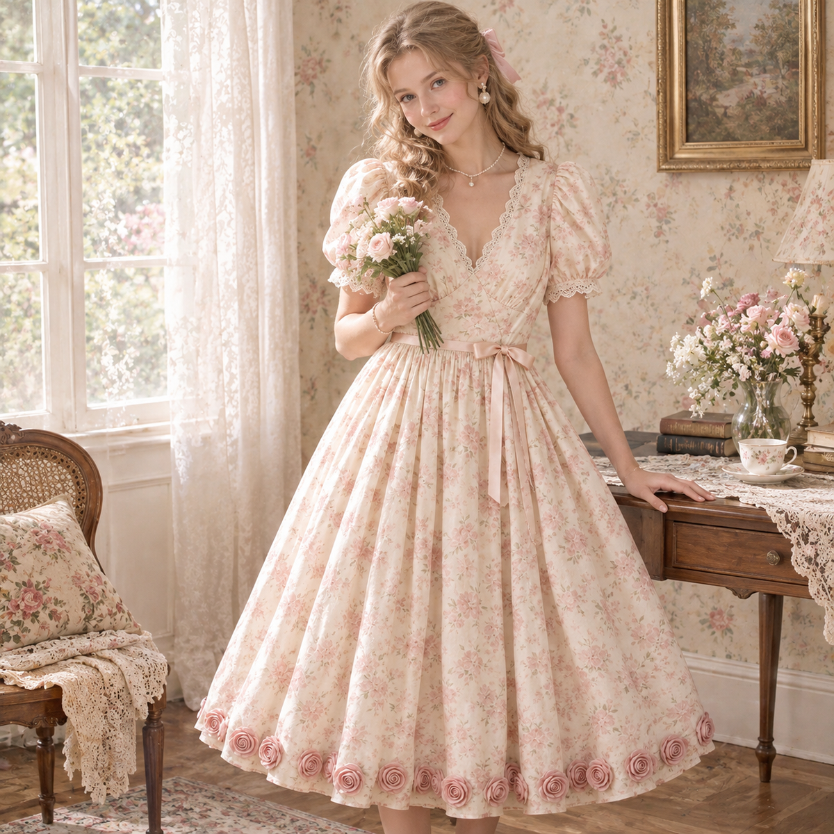 Cream Floral Puff Sleeve Satin Belt Rose-Hem Midi Dress