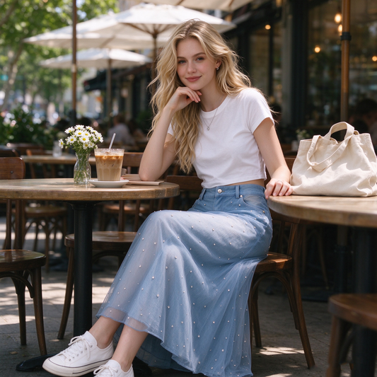Light Blue Tulle Rhinestone Denim-Waist Maxi Skirt