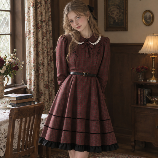 Burgundy Plaid Peter Pan Collar Belted Long Sleeve Midi Dress