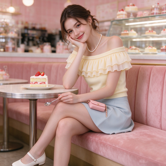 Cream Off-Shoulder Double Ruffle Pearl Trim Knit Top