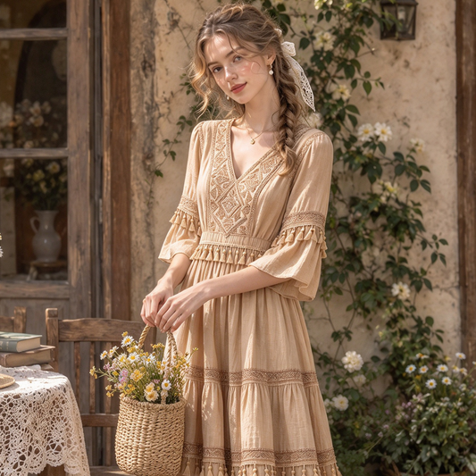 Khaki Boho Tribal Embroidered Tassel Tiered Midi Dress