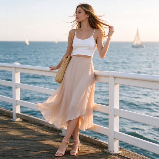 Nude Blush Chiffon High-Low Pearl Button Midi Skirt