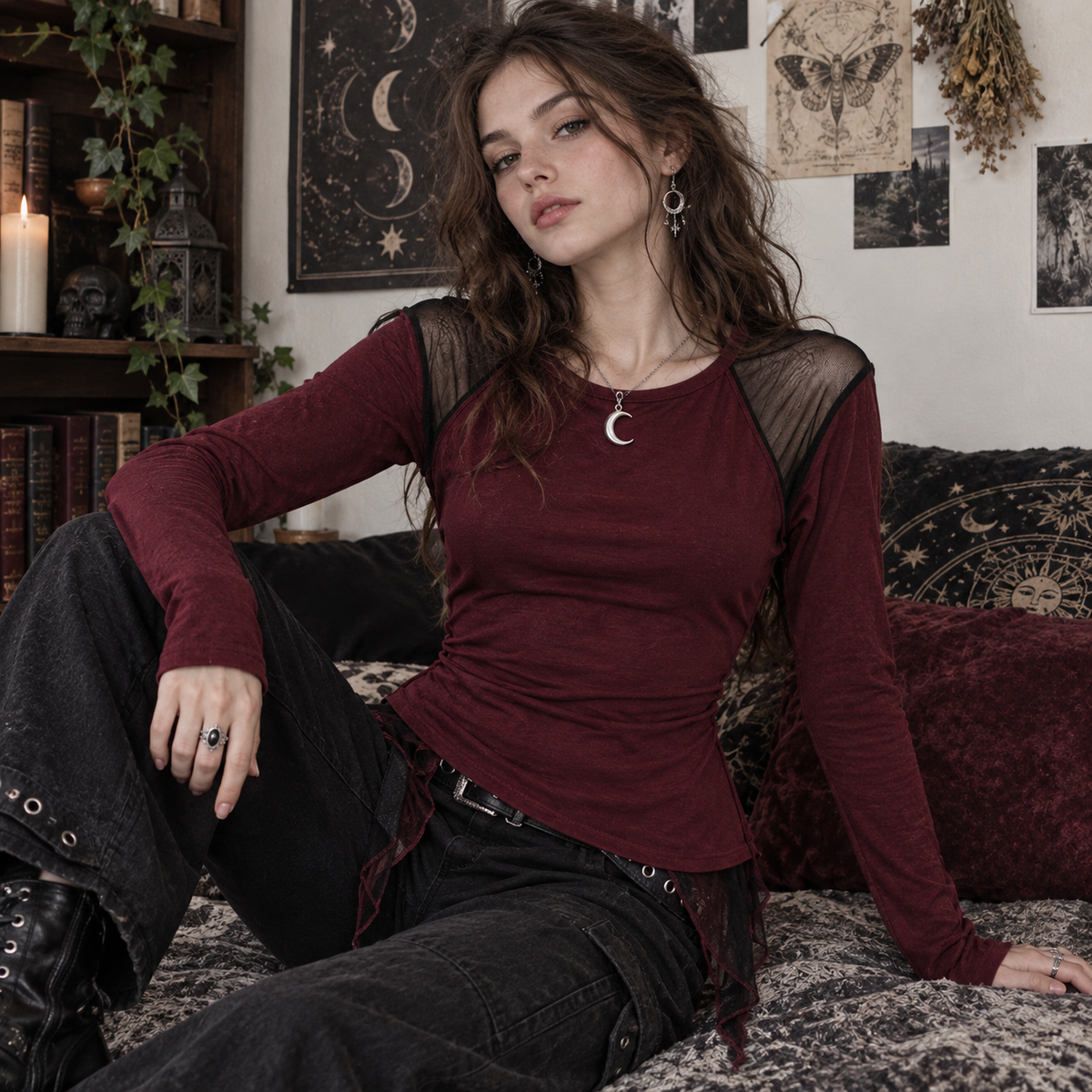 Burgundy Black Mesh Crescent Moon Asymmetric Fitted Top