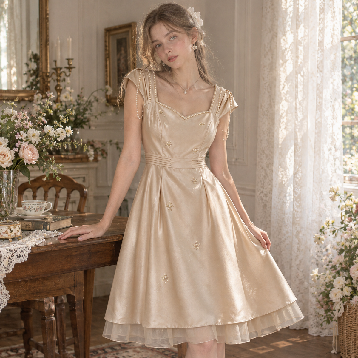 Champagne Satin Pearl Strap Embellished Cocktail Midi Dress