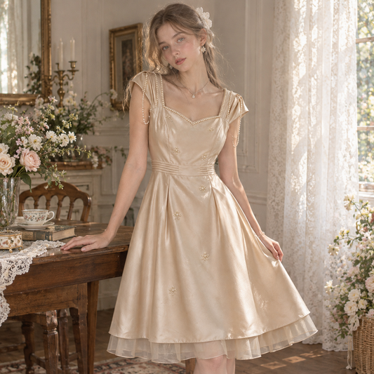 Champagne Satin Pearl Strap Embellished Cocktail Midi Dress