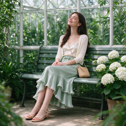 Mint Sage Satin Ruffle Lace Trim Bow Midi Skirt