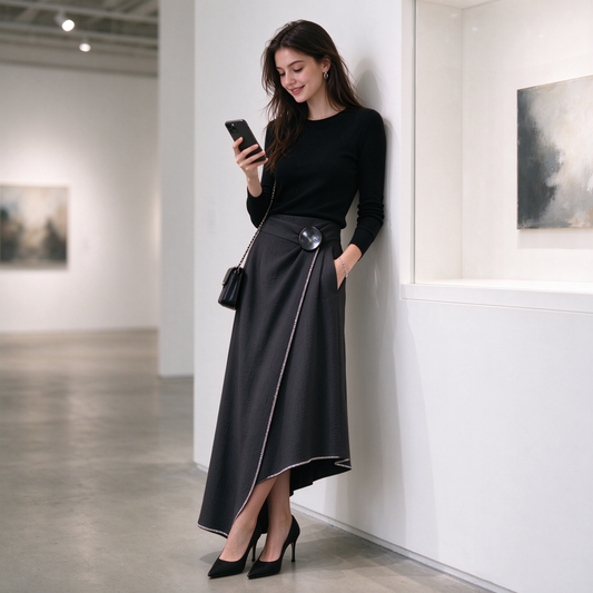 Black Wrap Asymmetric Midi Skirt with Shell Button Rhinestone Trim