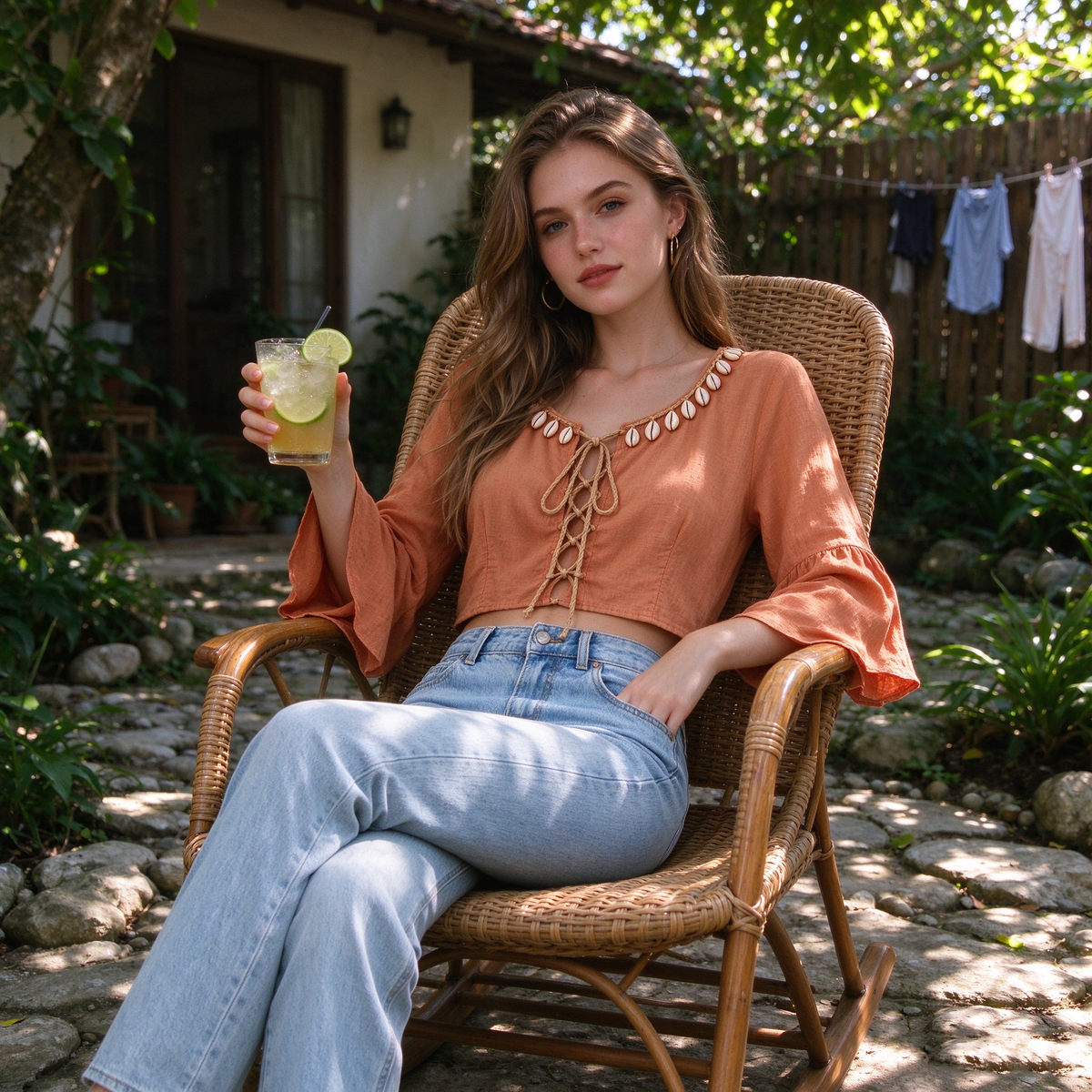 Rust Cowrie Shell Trim Lace-Up Bell Sleeve Crop Top