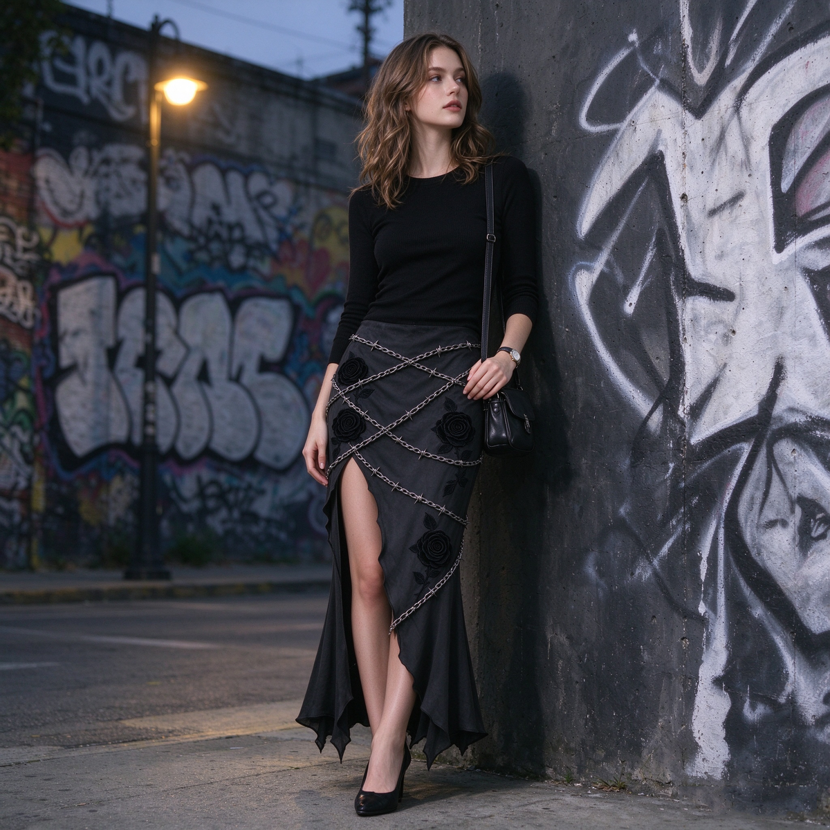 Black Barbed Wire Chain Rose Applique High Slit Gothic Mermaid Skirt
