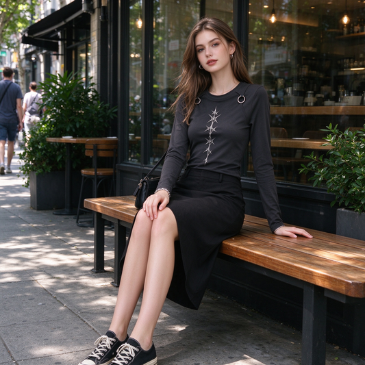 Black Shoulder Ring Hardware Chrome Thorn Graphic Long Sleeve Top