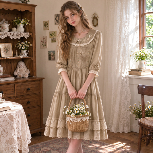Khaki Cotton Lace Peter Pan Collar Tiered Midi Dress