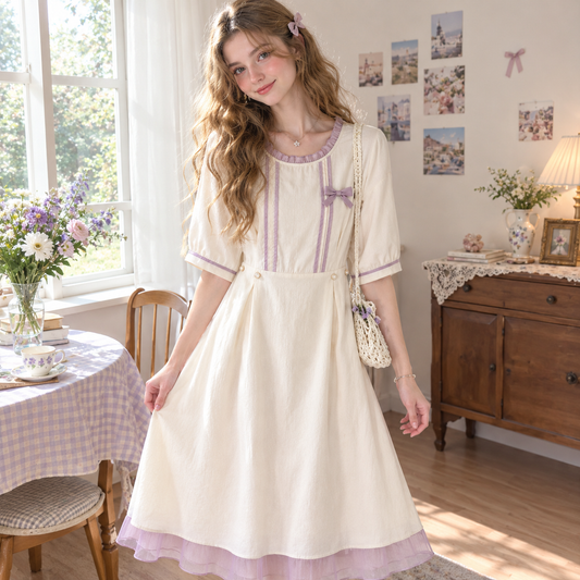 Cream Lavender Ruffle Trim Bow Midi Dress