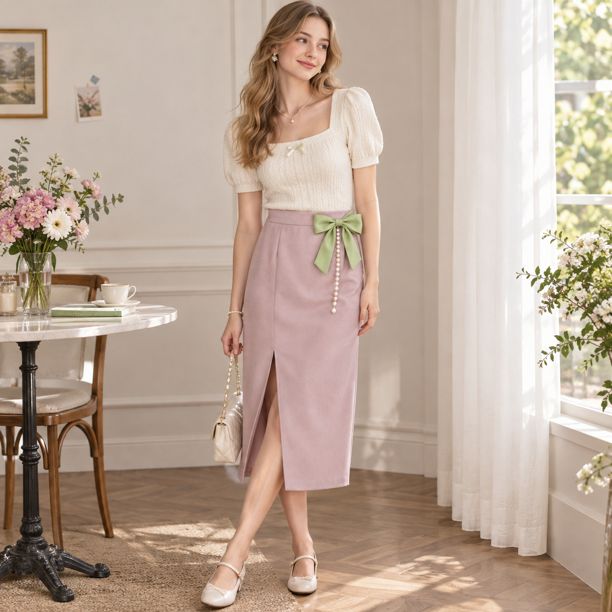 Dusty Pink Slit Pencil Midi Skirt with Green Bow Pearl Drop