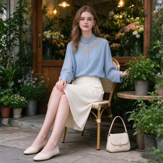 Light Blue Gold Cloud Embroidery Stand Collar Tassel Top