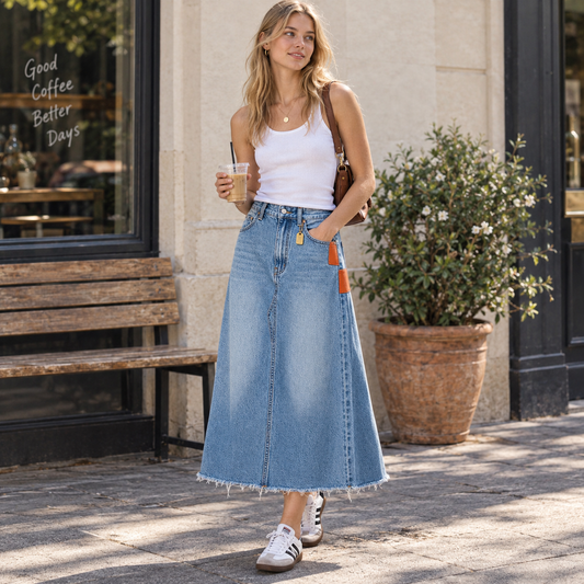 Light Wash Denim Orange Leather Patch Frayed Midi Skirt