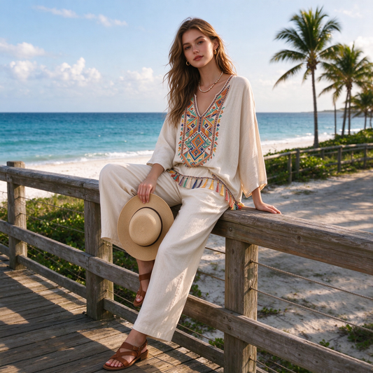 Beige Tribal Geometric Embroidery Tassel Fringe Boho Top