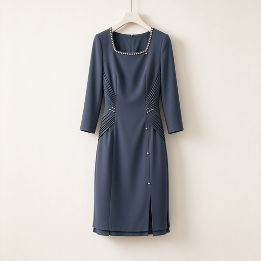 Slate Blue Pearl-Trim Square Neck Pencil Dress