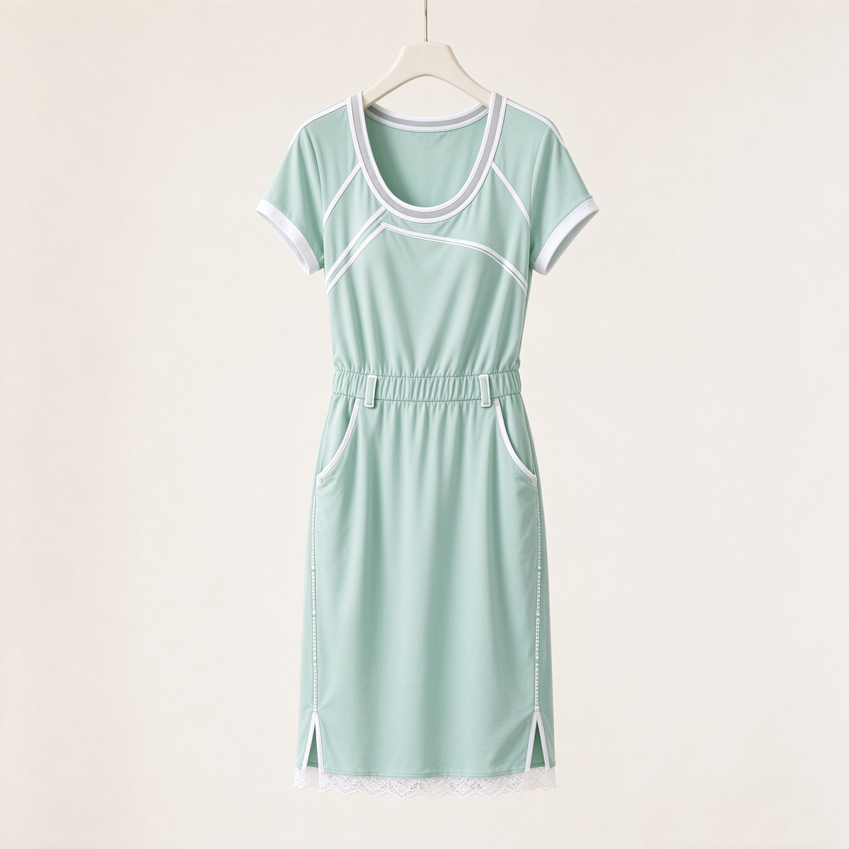 Mint Green White Piping Sporty Casual Pocket Dress