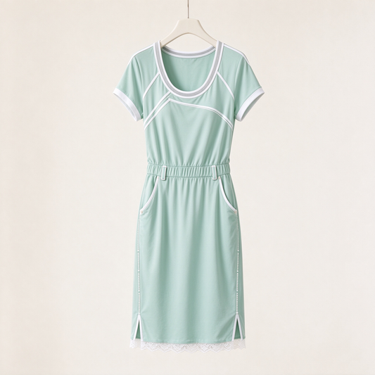 Mint Green White Piping Sporty Casual Pocket Dress