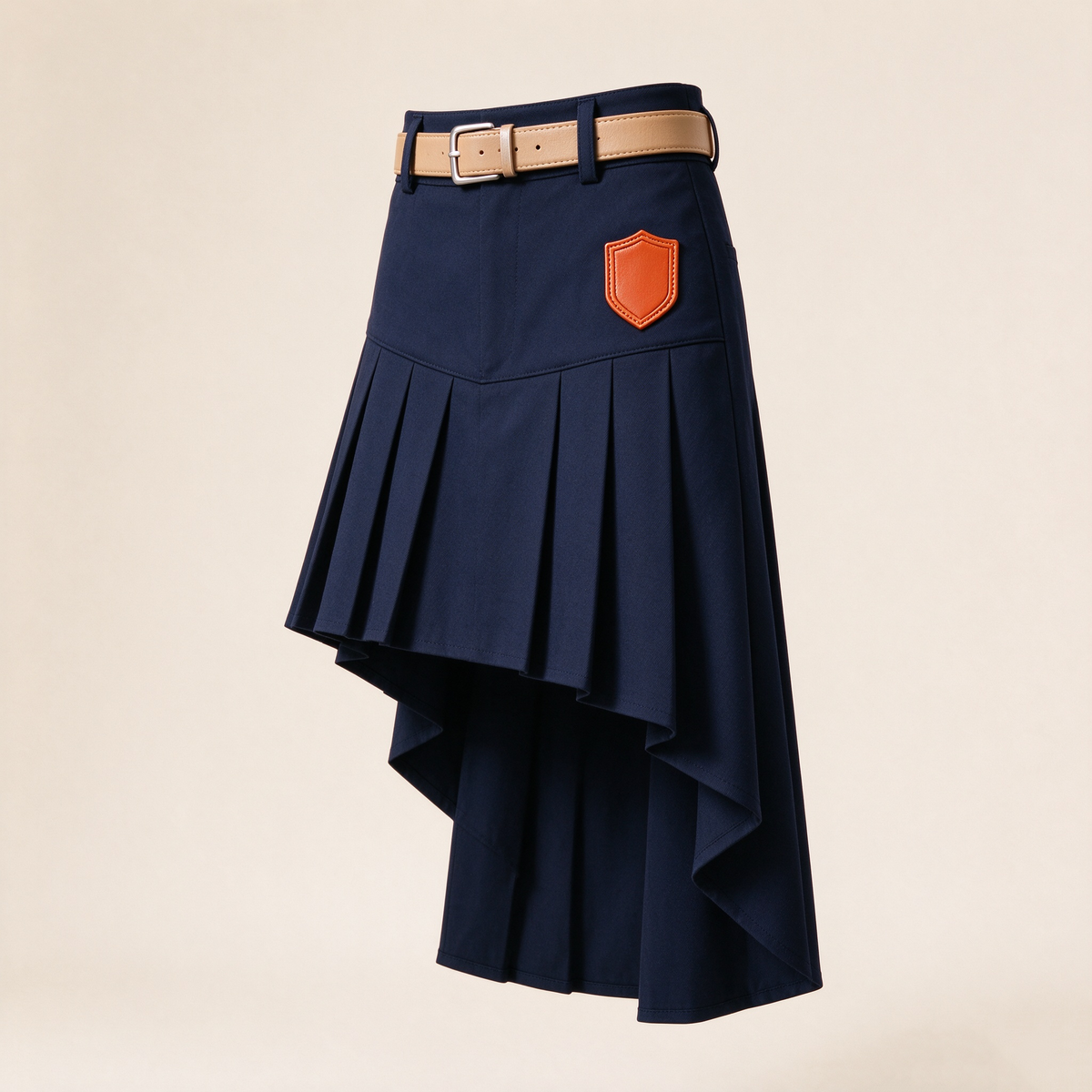 Navy Asymmetric High-Low Pleated Midi Skirt with Belt Orange Badge