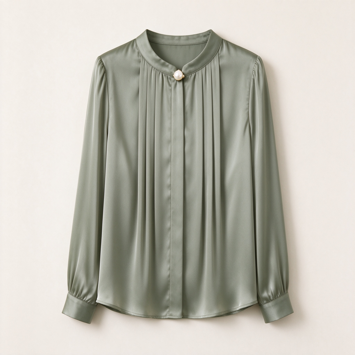 Sage Green Satin Stand Collar Pearl Button Pleated Blouse