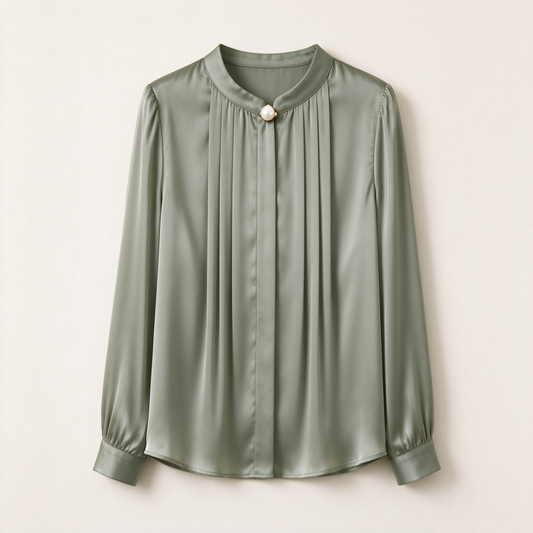 Sage Green Satin Stand Collar Pearl Button Pleated Blouse