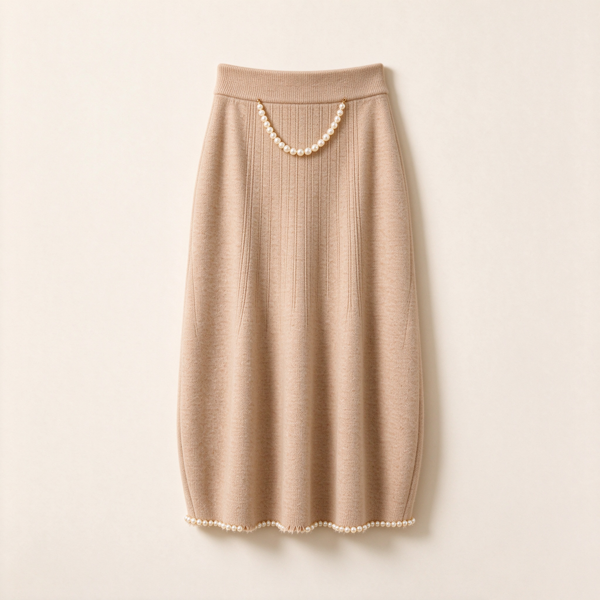 Camel Ribbed Knit Pearl Chain Fringe Hem Midi Skirt