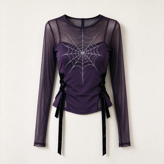 Purple Mesh Silver Spiderweb Velvet Lace-Up Long Sleeve Top