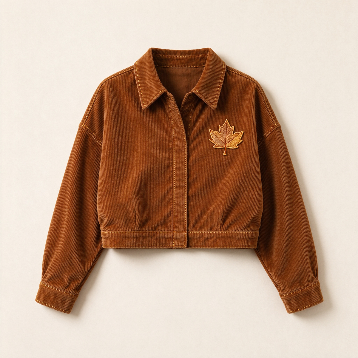 Caramel Corduroy Maple Leaf Embroidered Cropped Jacket