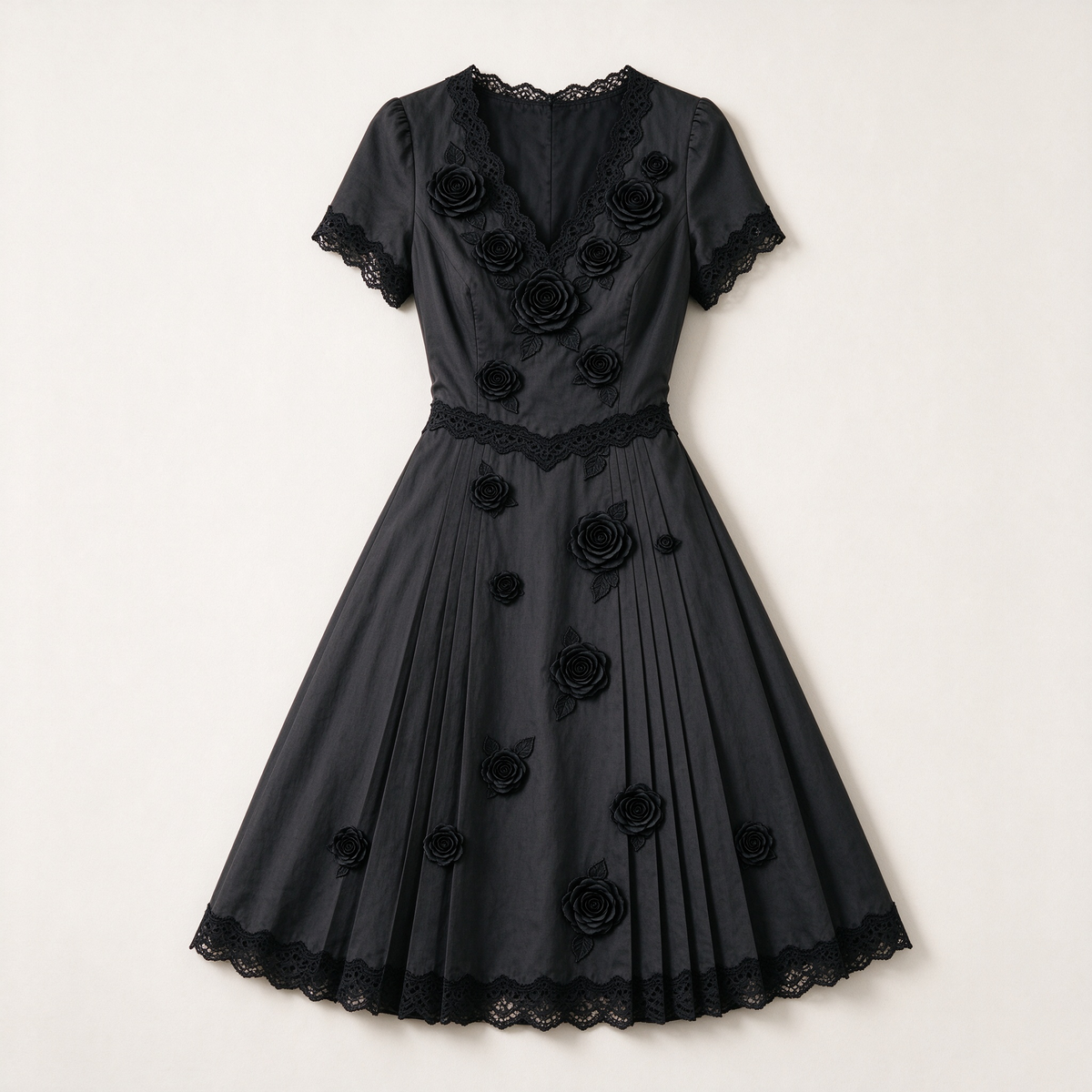 Black 3D Rose Applique Lace Trim Pleated Midi Dress