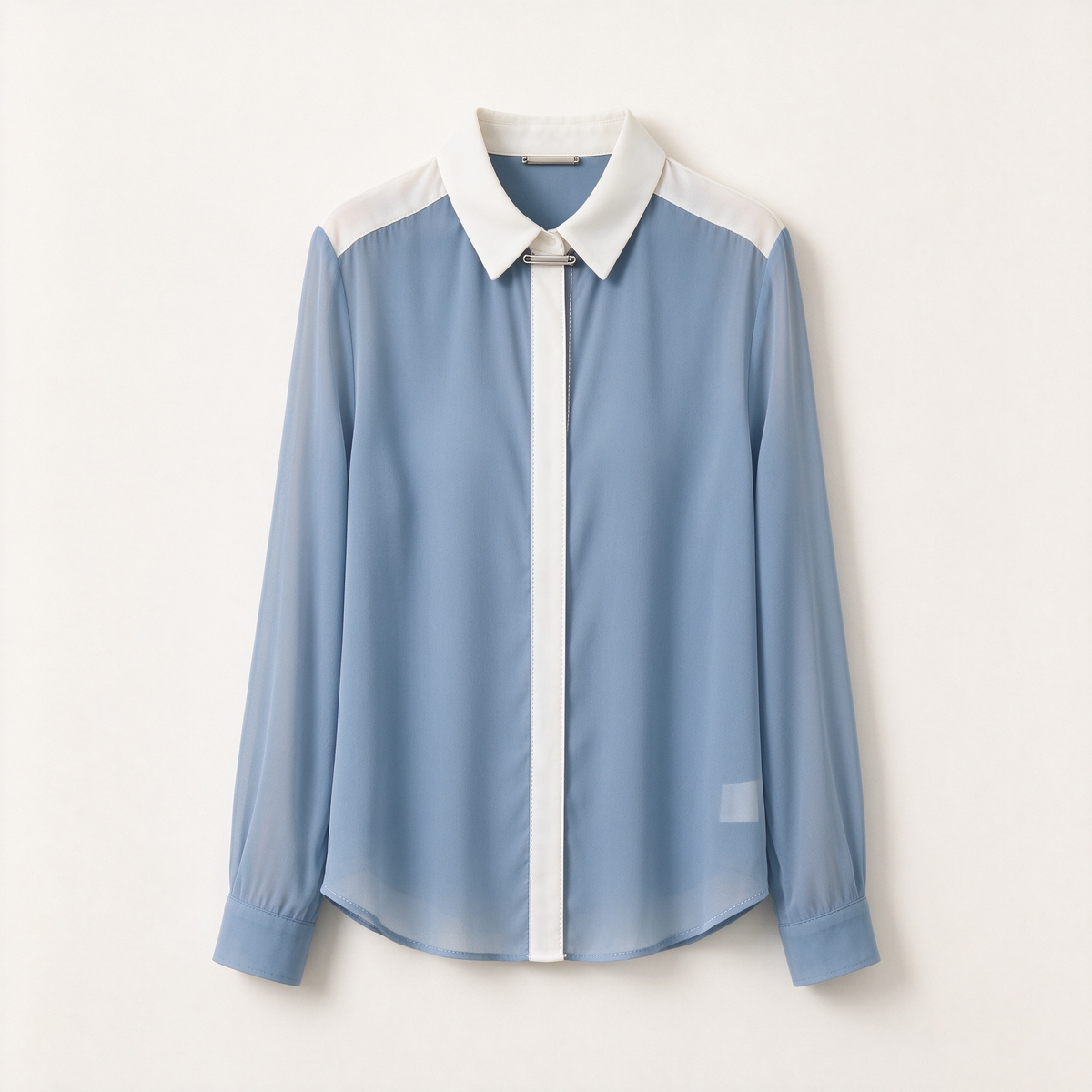 Dusty Blue White Colorblock Chiffon Metal Bar Shirt