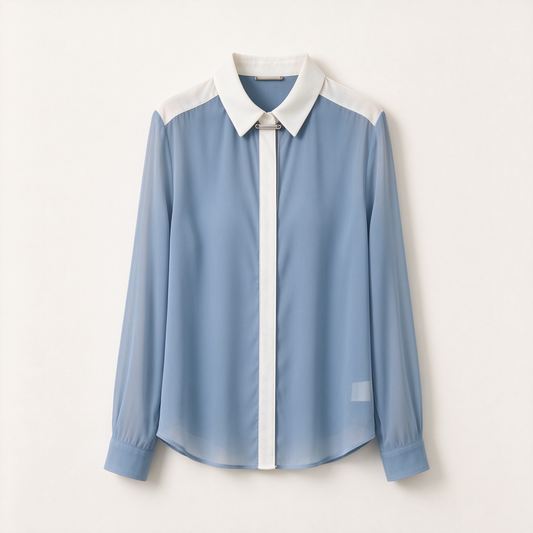 Dusty Blue White Colorblock Chiffon Metal Bar Shirt