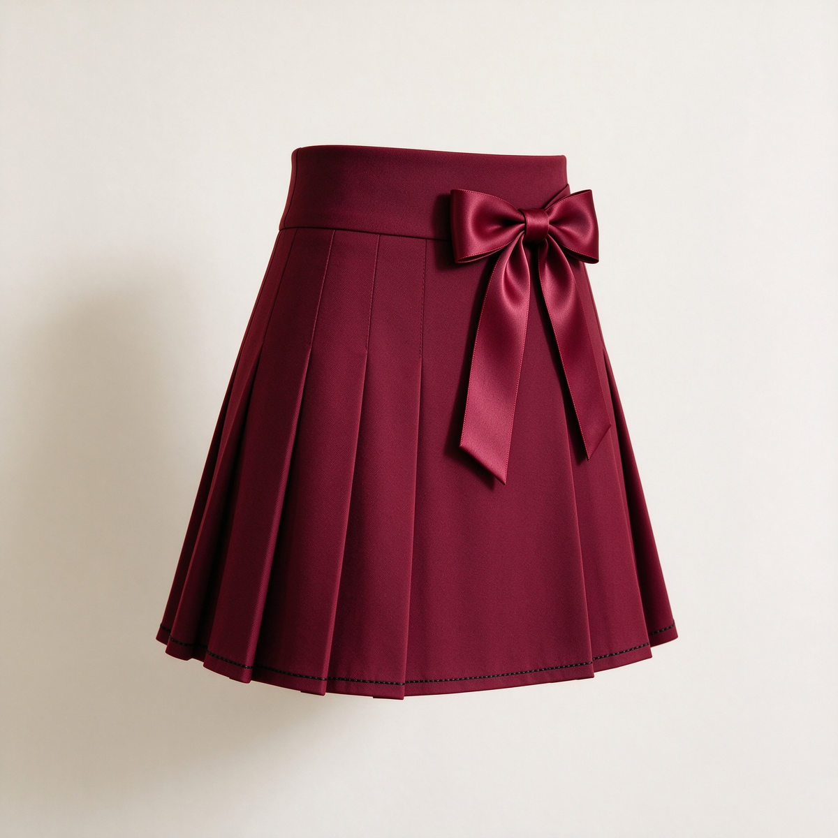 Burgundy Pleated Mini Skirt with Large Satin Bow