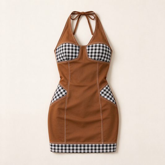 Brown Gingham Panel Contrast Stitch Halter Bodycon Mini Dress