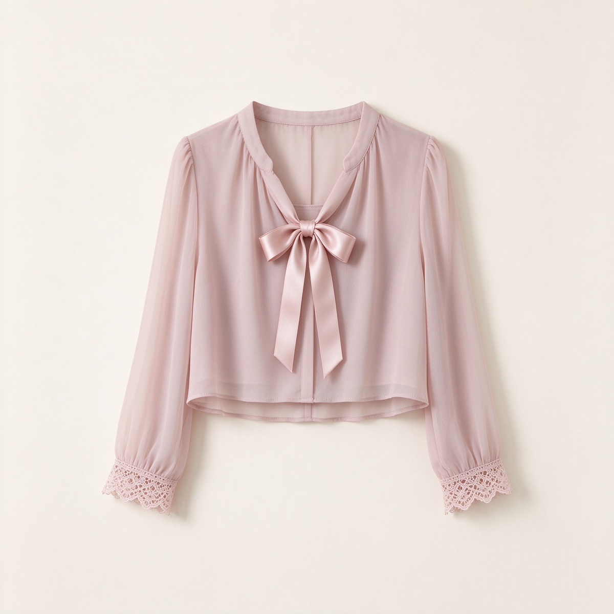 Blush Pink Satin Bow Tie Lace Cuff Cropped Chiffon Blouse
