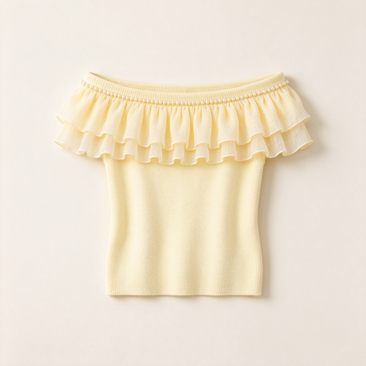 Cream Off-Shoulder Double Ruffle Pearl Trim Knit Top