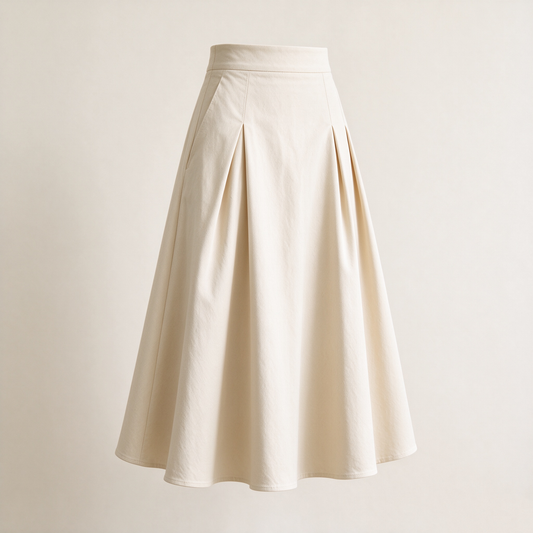Cream Cotton Pleated Pocket A-Line Midi Skirt