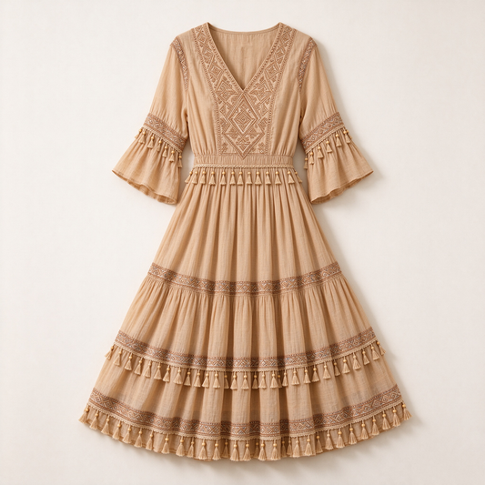 Khaki Boho Tribal Embroidered Tassel Tiered Midi Dress