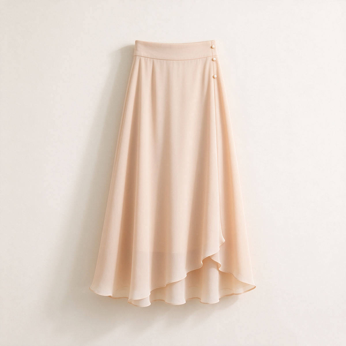 Nude Blush Chiffon High-Low Pearl Button Midi Skirt