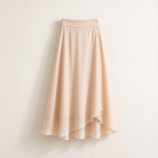 Nude Blush Chiffon High-Low Pearl Button Midi Skirt