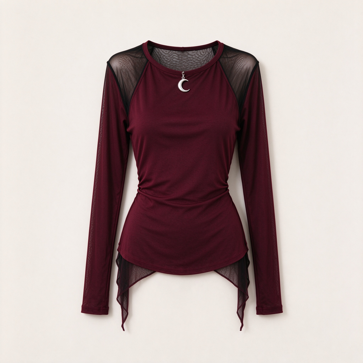 Burgundy Black Mesh Crescent Moon Asymmetric Fitted Top
