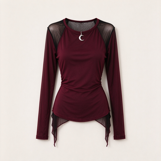 Burgundy Black Mesh Crescent Moon Asymmetric Fitted Top