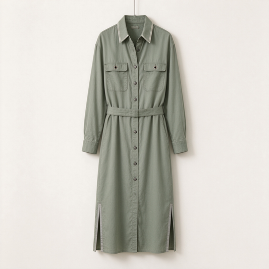 Sage Green Contrast Piping Belted Utility Shirt Dress