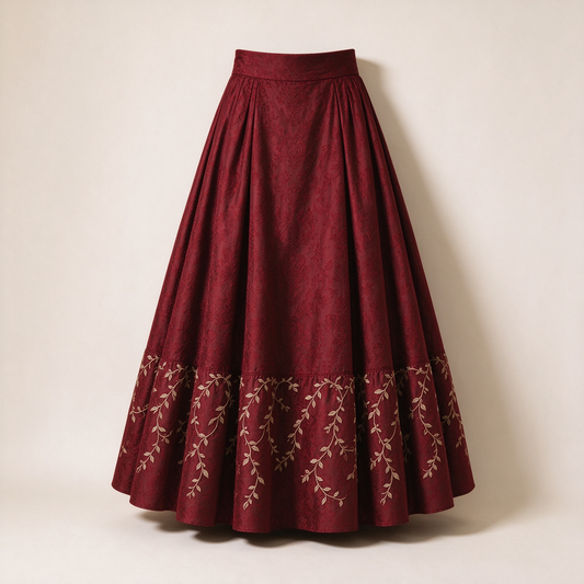 Burgundy Brocade Gold Leaf Embroidery Tiered Maxi Skirt