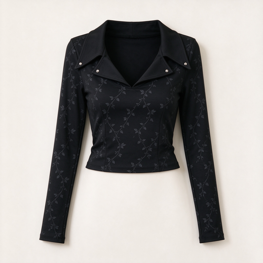 Black Vine Jacquard Rivet Collar Long Sleeve Crop Top