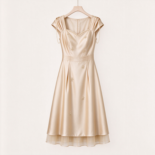 Champagne Satin Pearl Strap Embellished Cocktail Midi Dress