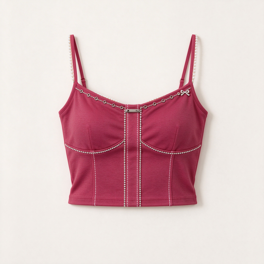 Rose Pink Pearl Strap Rhinestone Corset Cami Crop Top